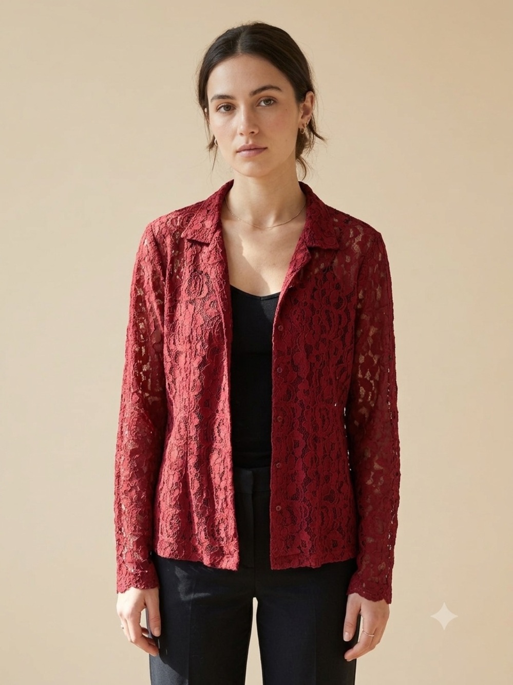 April Cornell Sz M Vintage Red Lace Open Front Jacket